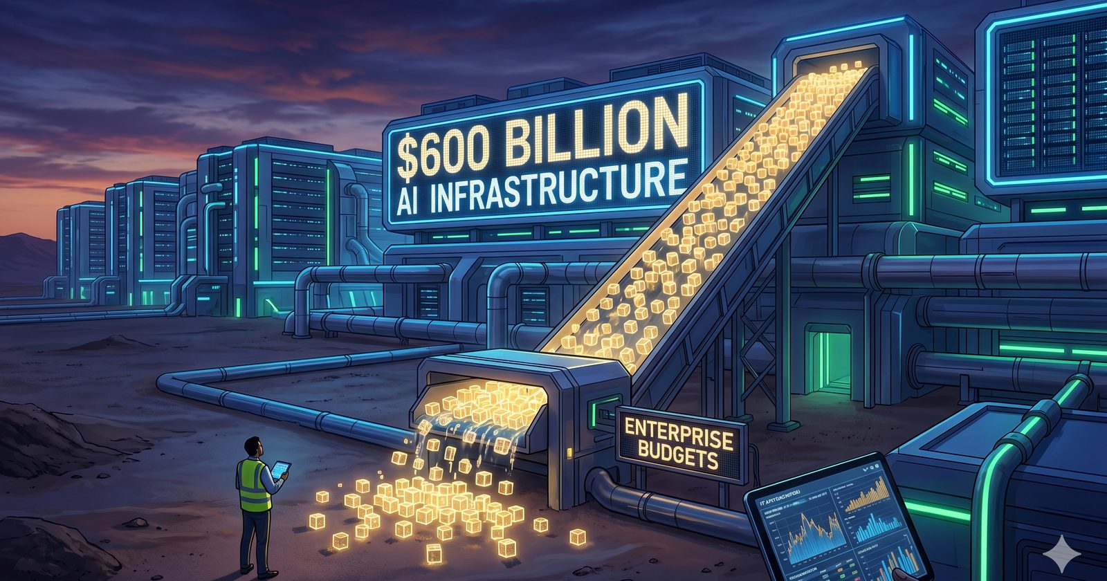 Illustration of a massive AI data center complex with golden tokens cascading down a conveyor into enterprise budgets, representing $600 billion in hyperscaler capex.